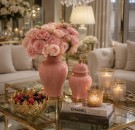 Glamour Urne/Vase- Rosa & gull -H 47 cm thumbnail