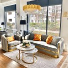 Oslo sofabord -2 stk Ø 80 og 60 cm - Hvit stein & Gull rustfritt stål  thumbnail