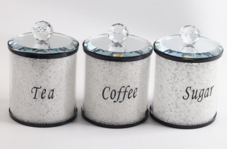 Crystalline oppevaringskrukke sett til te, sukker og kaffe med krystaller-Sølv m sort skrift -3 stk- Ø10, H14 cm