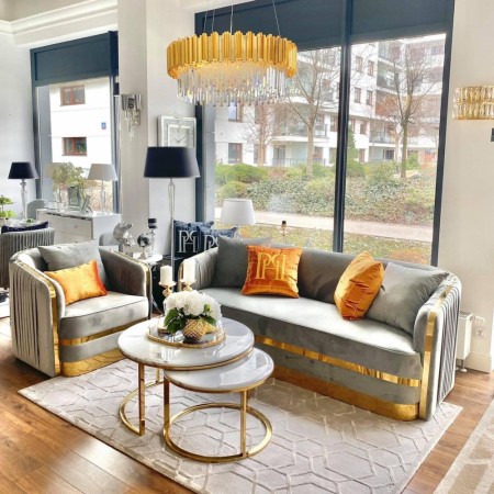 Oslo sofabord -2 stk Ø 80 og 60 cm - Hvit stein & Gull rustfritt stål 