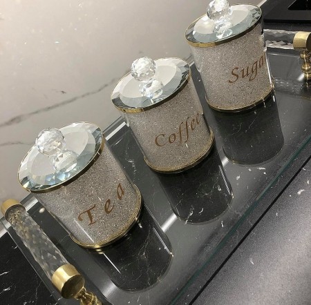 Crystalline oppevaringskrukke sett til te, sukker og kaffe med krystaller-Gull-3 stk-Ø10, H14 cm