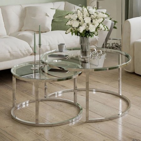 Oslo sofabord -2 stk Ø 80 og 60 cm - Herdet klart glass & Sølv understell