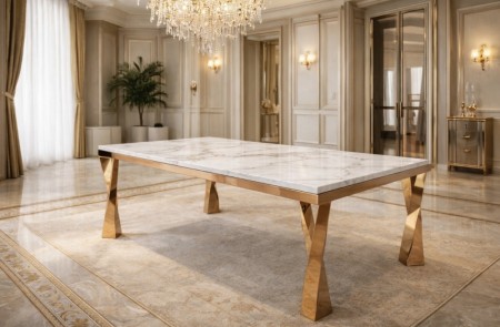 Cataleya spisebord - Hvit steinplate & Rosagull rustfritt stål understell 