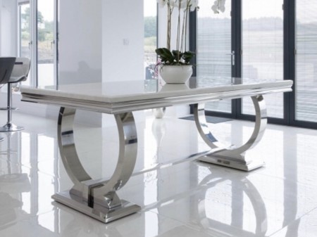 Ellington spisebord- L 160 cm- Hvit marmor plate & sølv understell